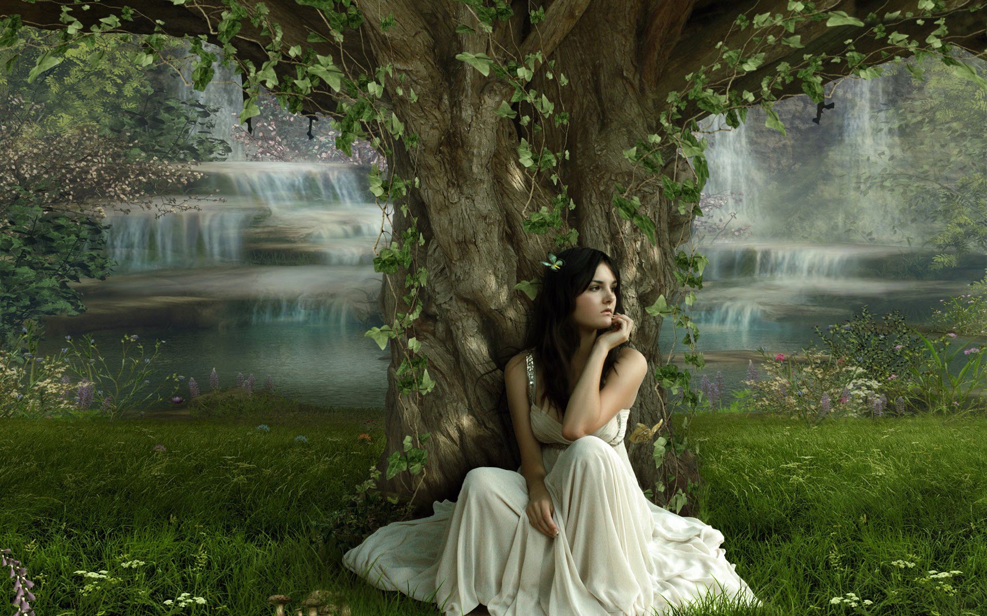 Wallpaper Of A Girl Sitting Under The Beautiful Tree Click To