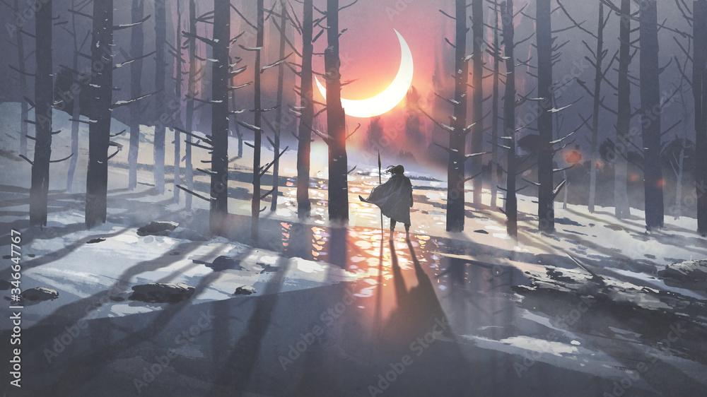 Man In Winter Forest Looking At The Glowing Moon Crest Digital
