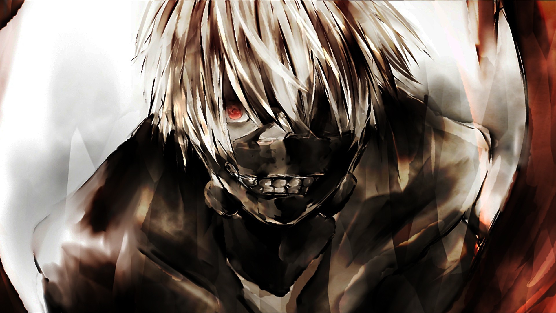 Close-up of an anime character with white hair, a black mask covering their mouth, and a single red eye visible, conveying a dark and intense atmosphere
