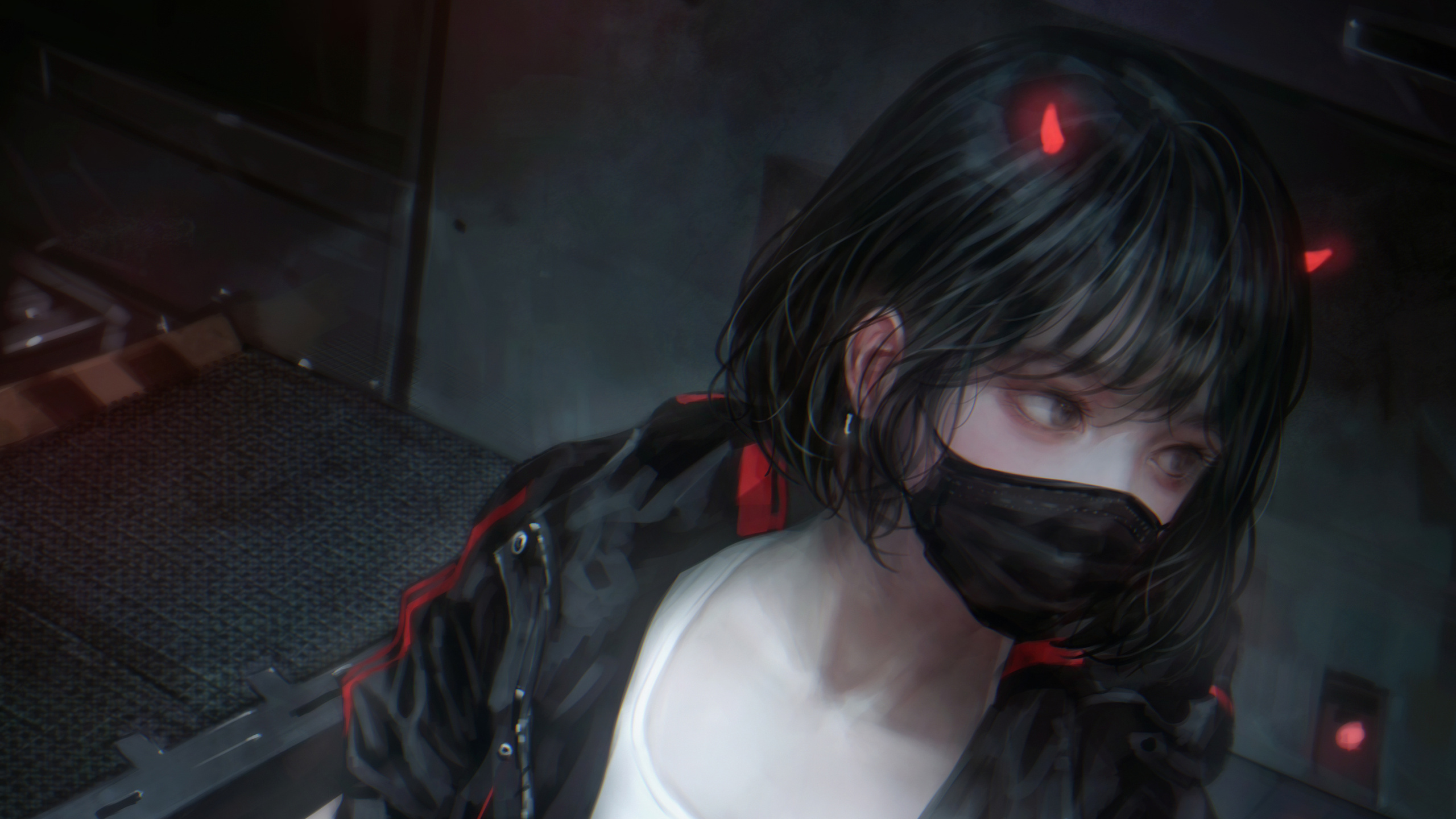 4K anime wallpaper of a girl with dark hair, a black mask, and small red devil horns, in a dimly lit, industrial setting