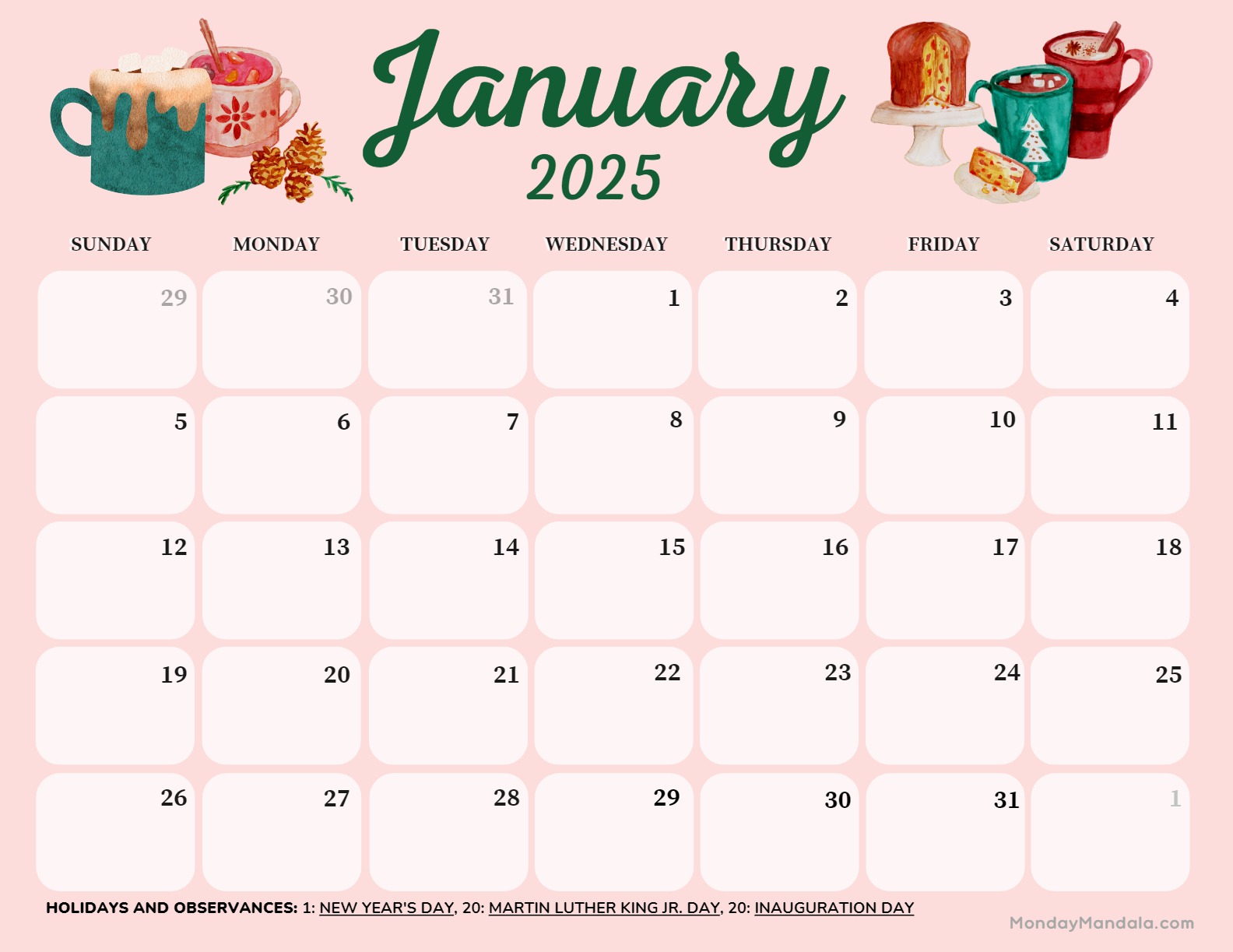 January 2025 calendar wallpaper with cozy winter drinks and treats