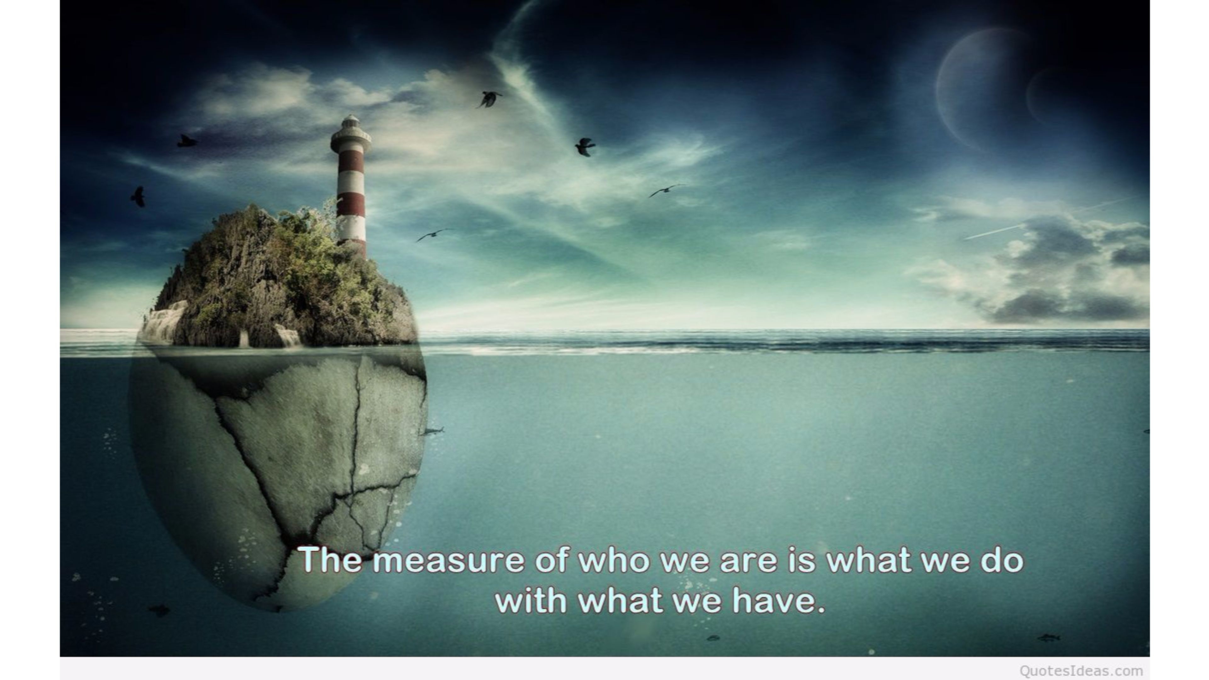 Motivational quote about making the most of what you have, overlaid on a surreal image of a small island with a lighthouse, half-submerged in the ocean