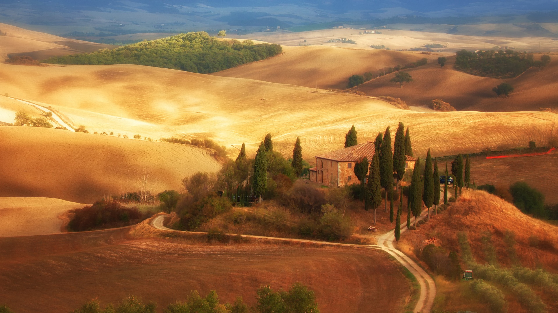Tuscany Fields Autumn House Trees Road Wallpaper Desktop