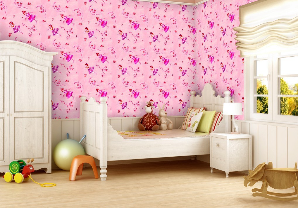 Pink wallpaper for white children bedroom 1019x709
