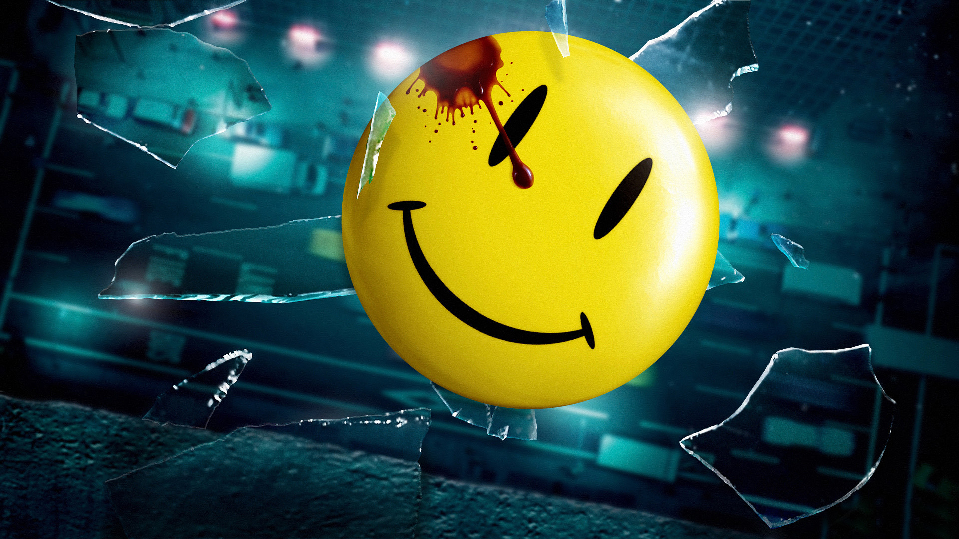 A yellow smiley face with a splash of blood, reminiscent of the Watchmen comic book and movie