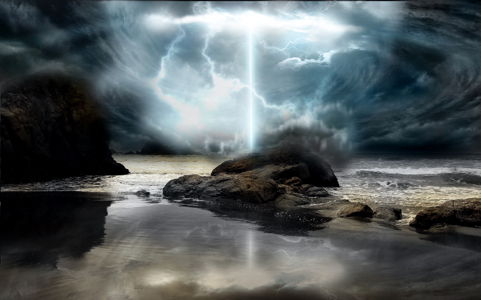 Fantasy Clouds Sky Stone Storm Water Full HD Desktop Wallpaper