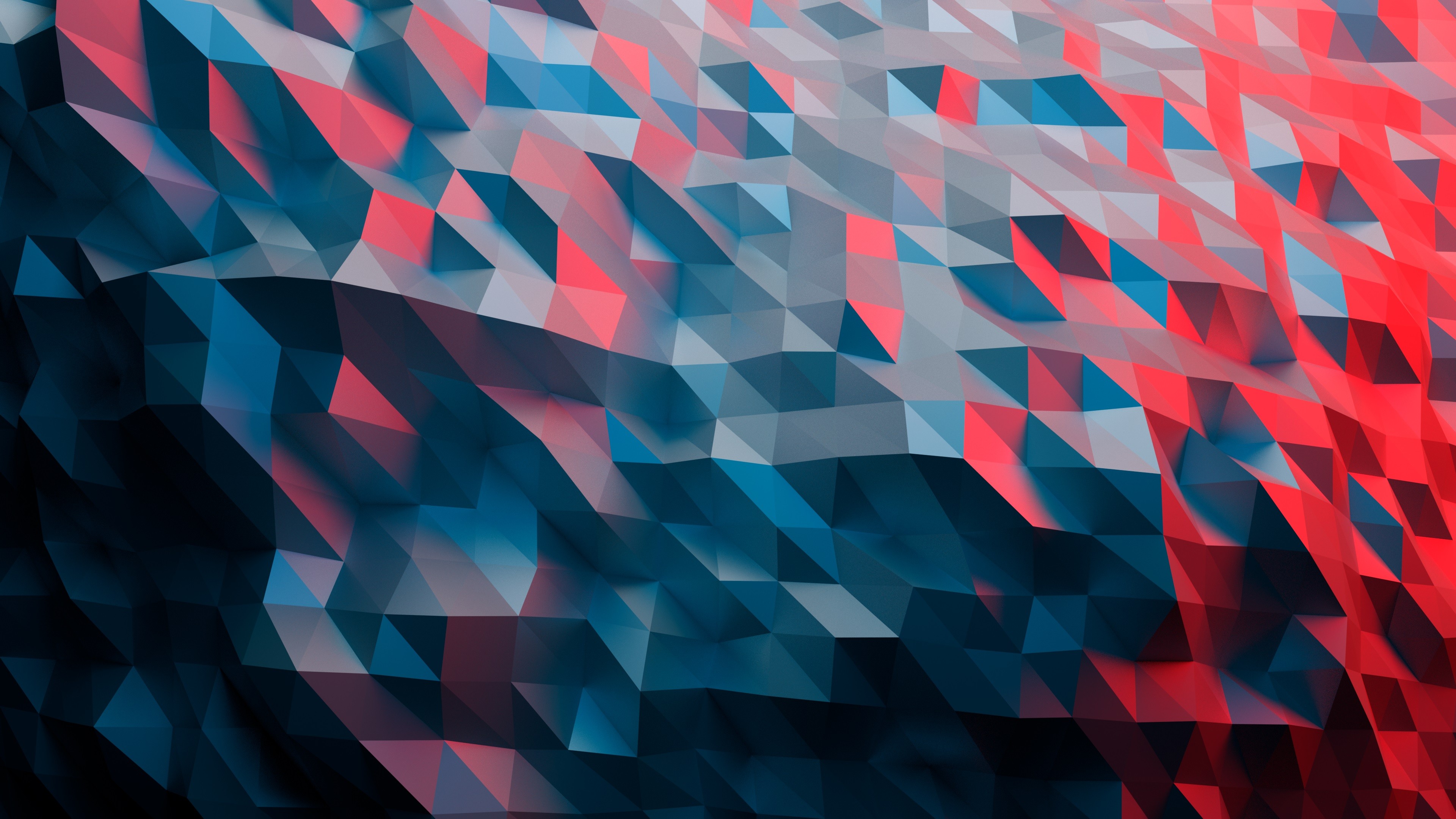 Abstract 4k wallpaper with low-poly, geometric design in red and blue tones