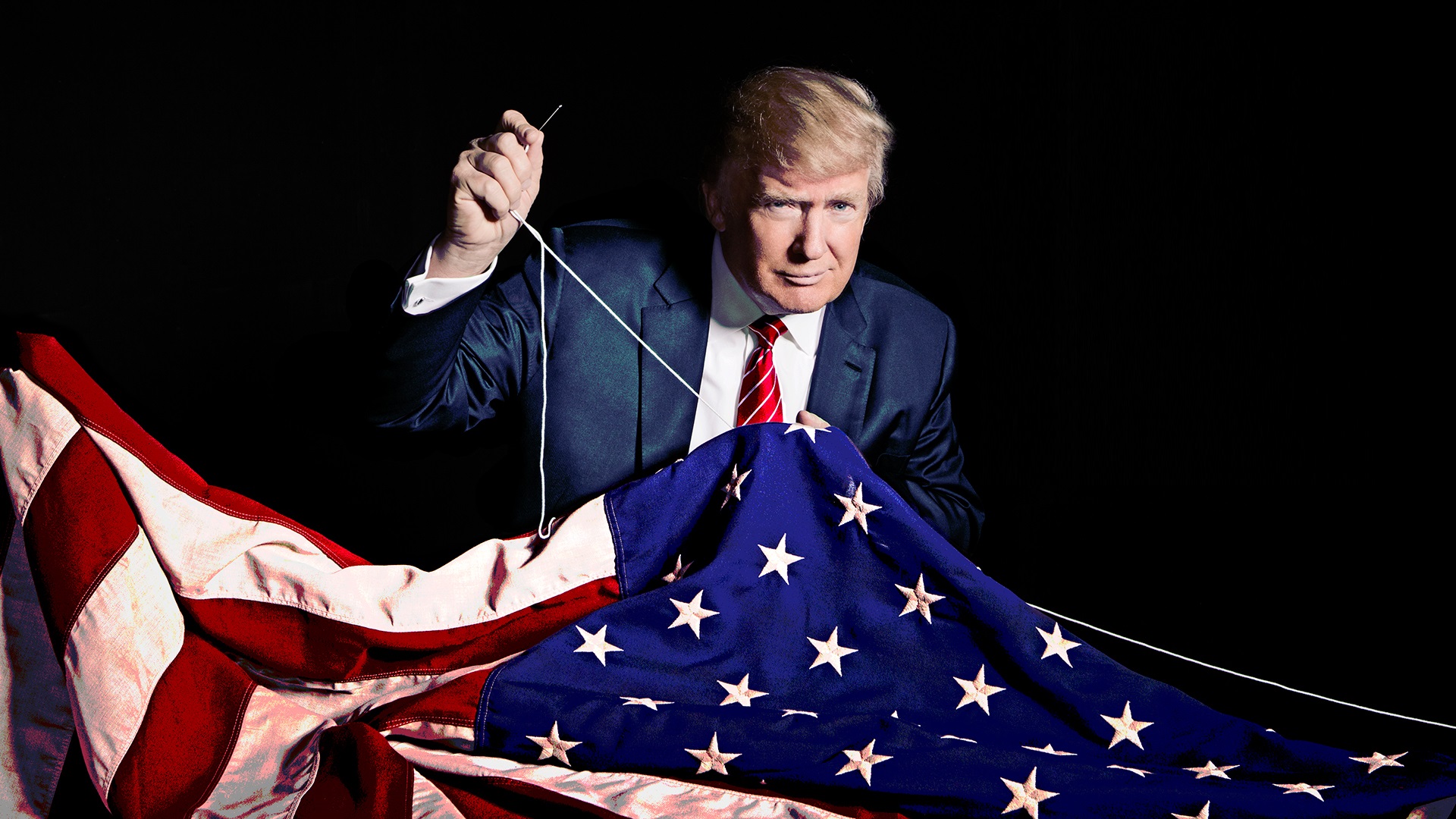 Donald Trump meticulously sewing an American flag, possibly symbolizing his commitment to the nation