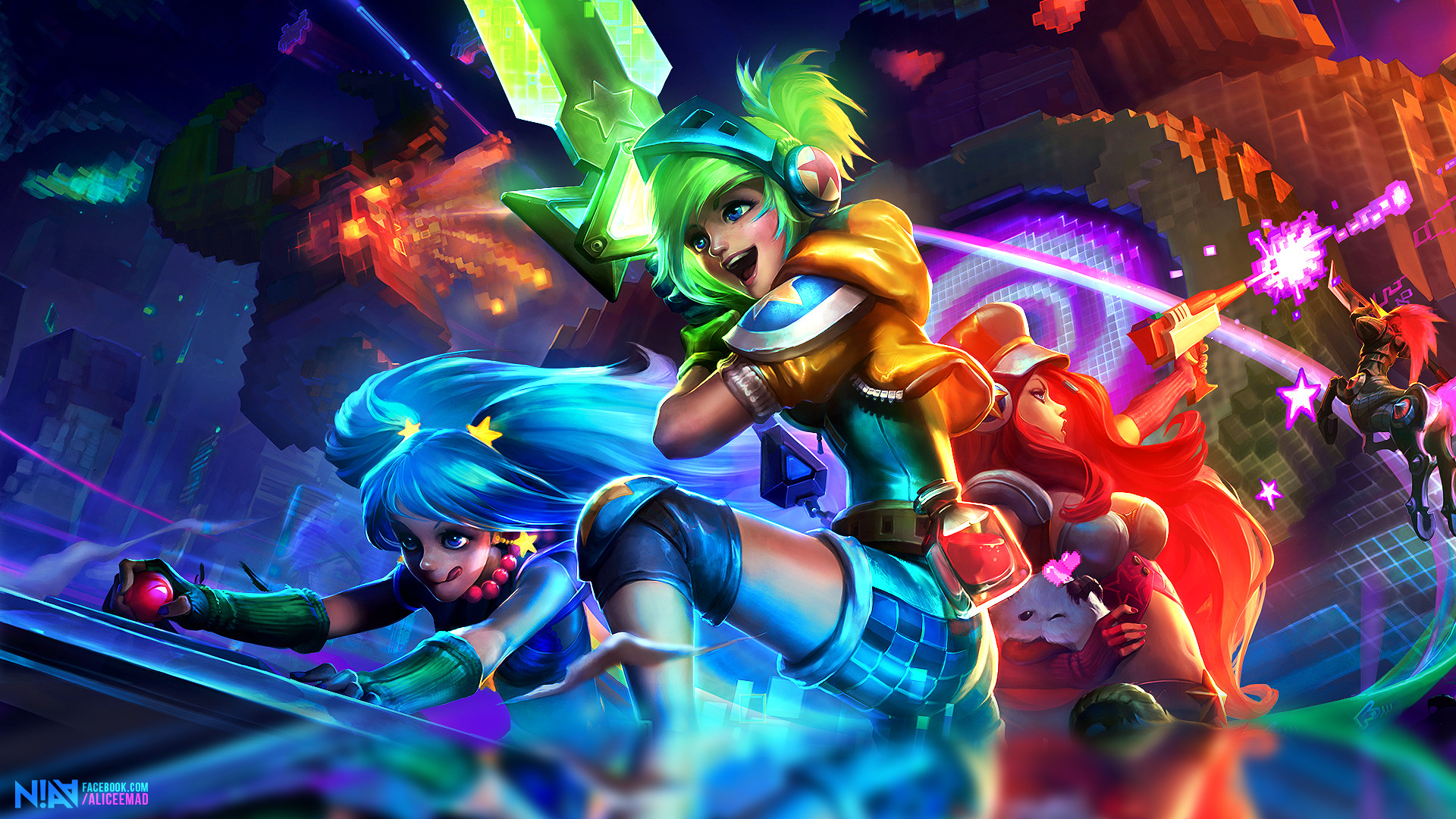 Arcade Miss Fortune, Sona, and Riven from League of Legends in an arcade-themed splash art