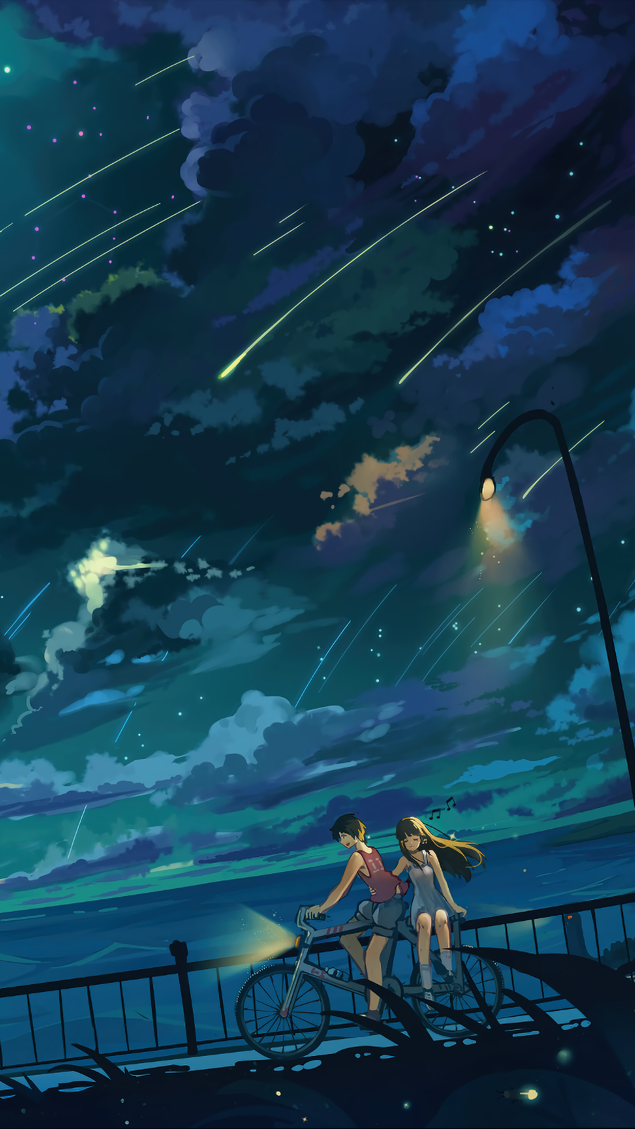 Anime Couple Biking Night Sky Scenery 4K Wallpaper iPhone HD Phone