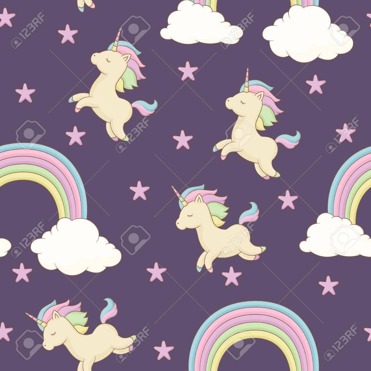 Unicorn With Rainbow Mane Stars And Clouds Seamless