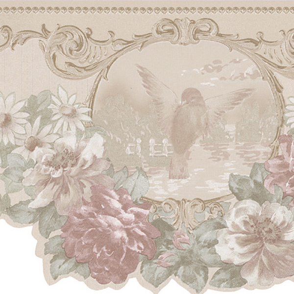 451 1734 Green Bird Cameo Floral Swag   Brewster Wallpaper Borders
