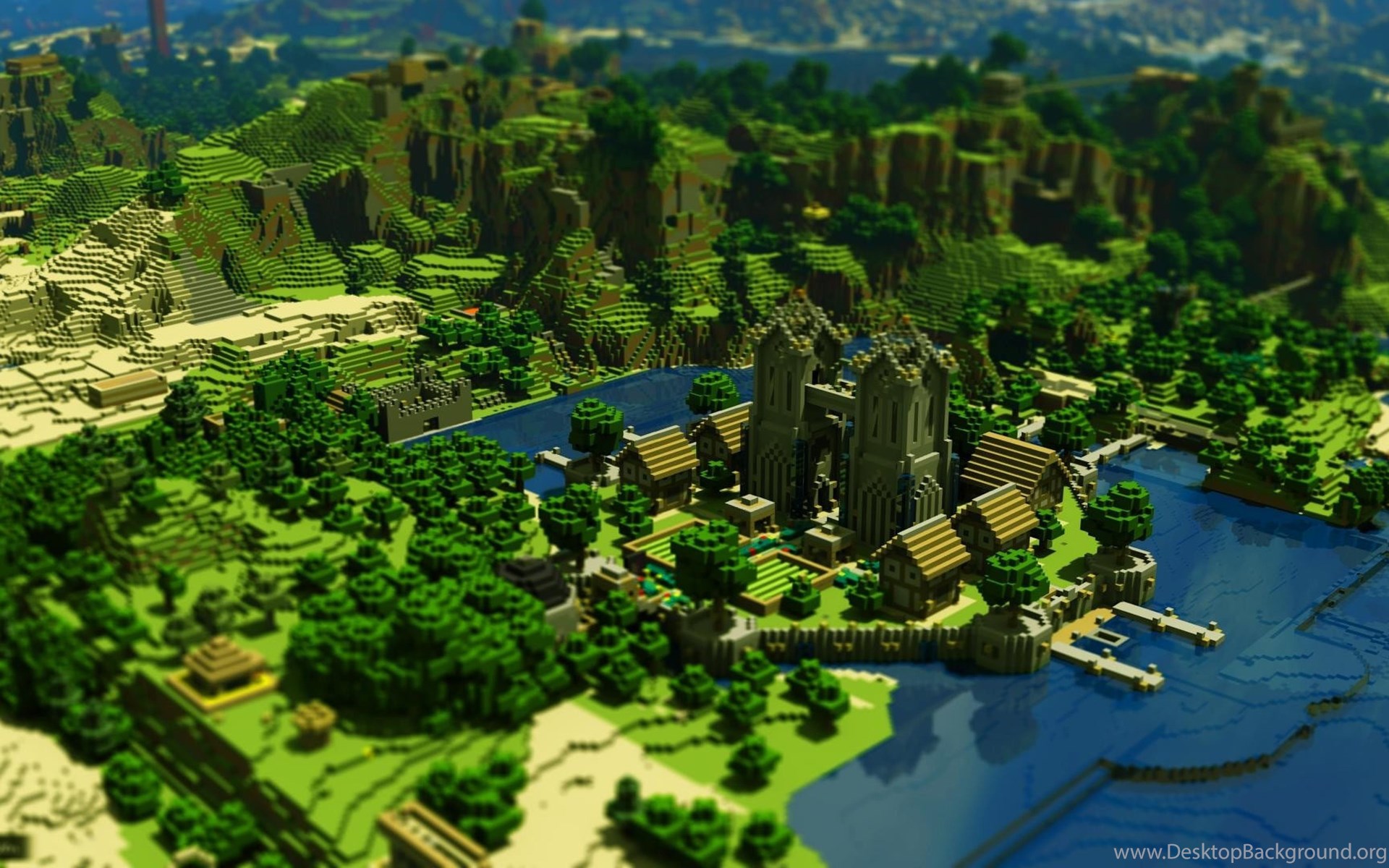 A stunning 4K render of a Minecraft village nestled beside a river, featuring a grand cathedral and lush green landscapes