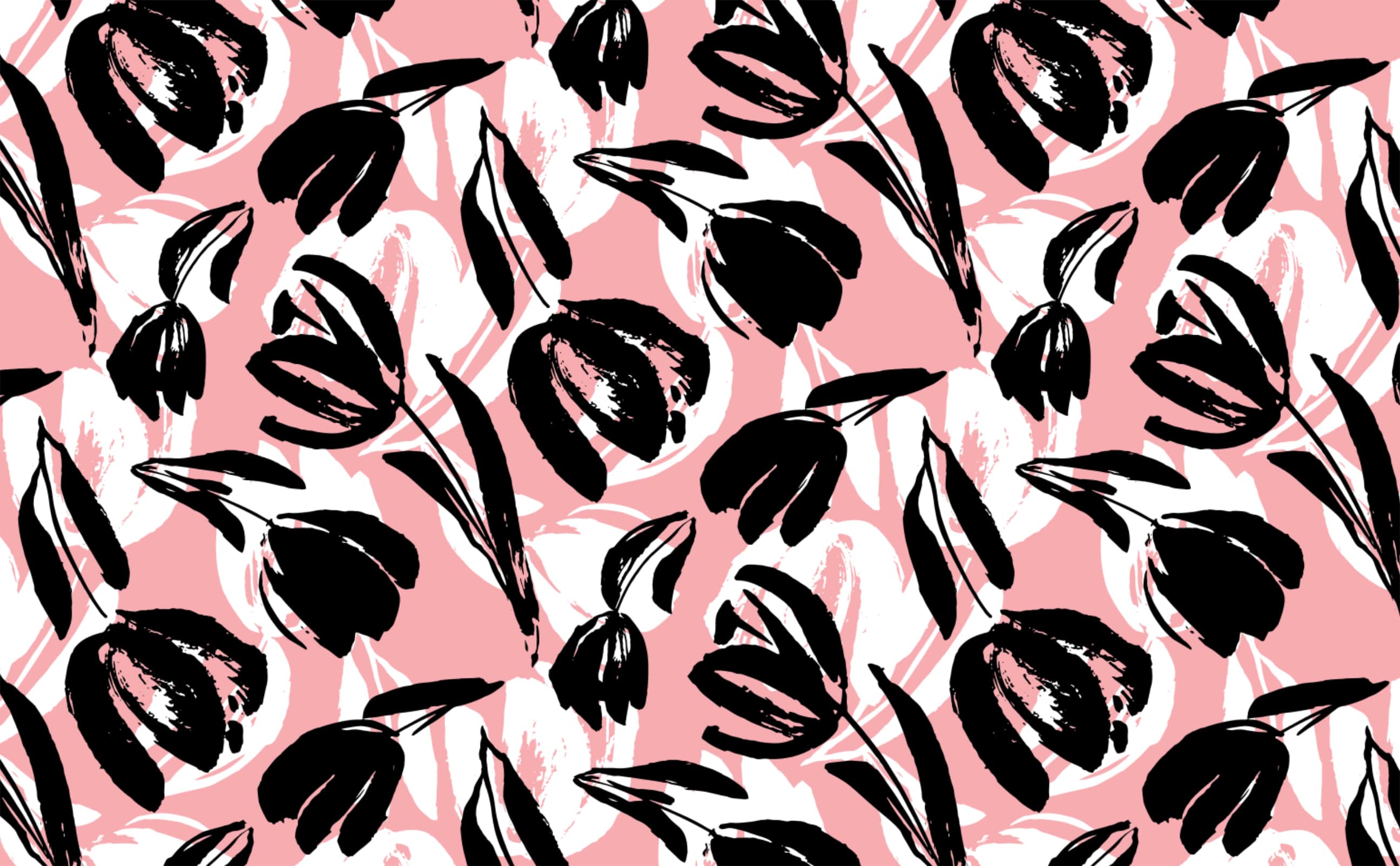 High Contrast Black White Pink Sketch Tulip Flower Motif Pattern