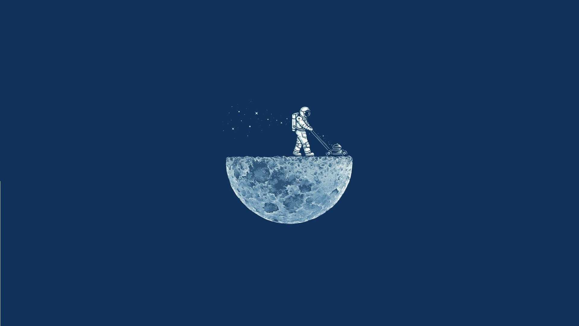 Minimalist wallpaper featuring an astronaut mowing the surface of the moon against a dark blue background