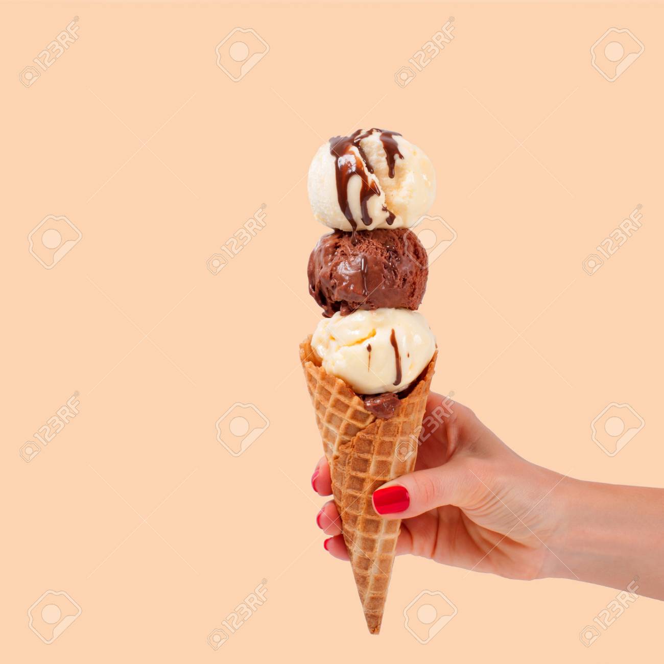 Chocolate And Vanilla Ice Cream Cone On Faded Pastel Color