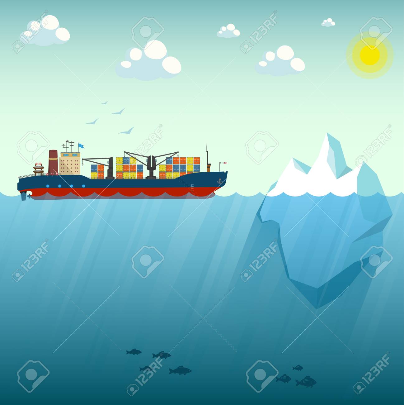 Container Ship Near The Iceberg Vector Illustration On