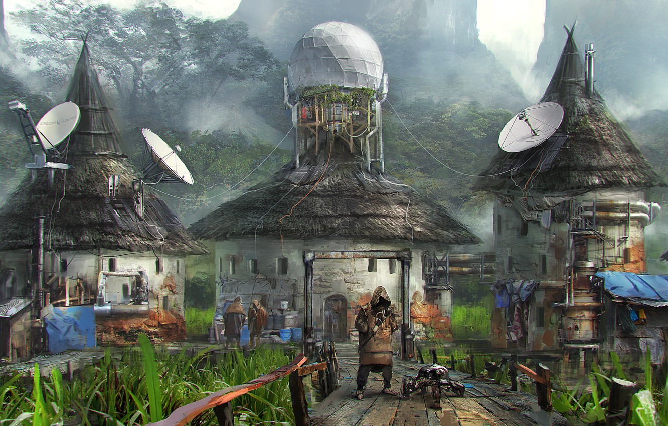 Wallpaper Mountains Village Cyberpunk Campsite Big Image For