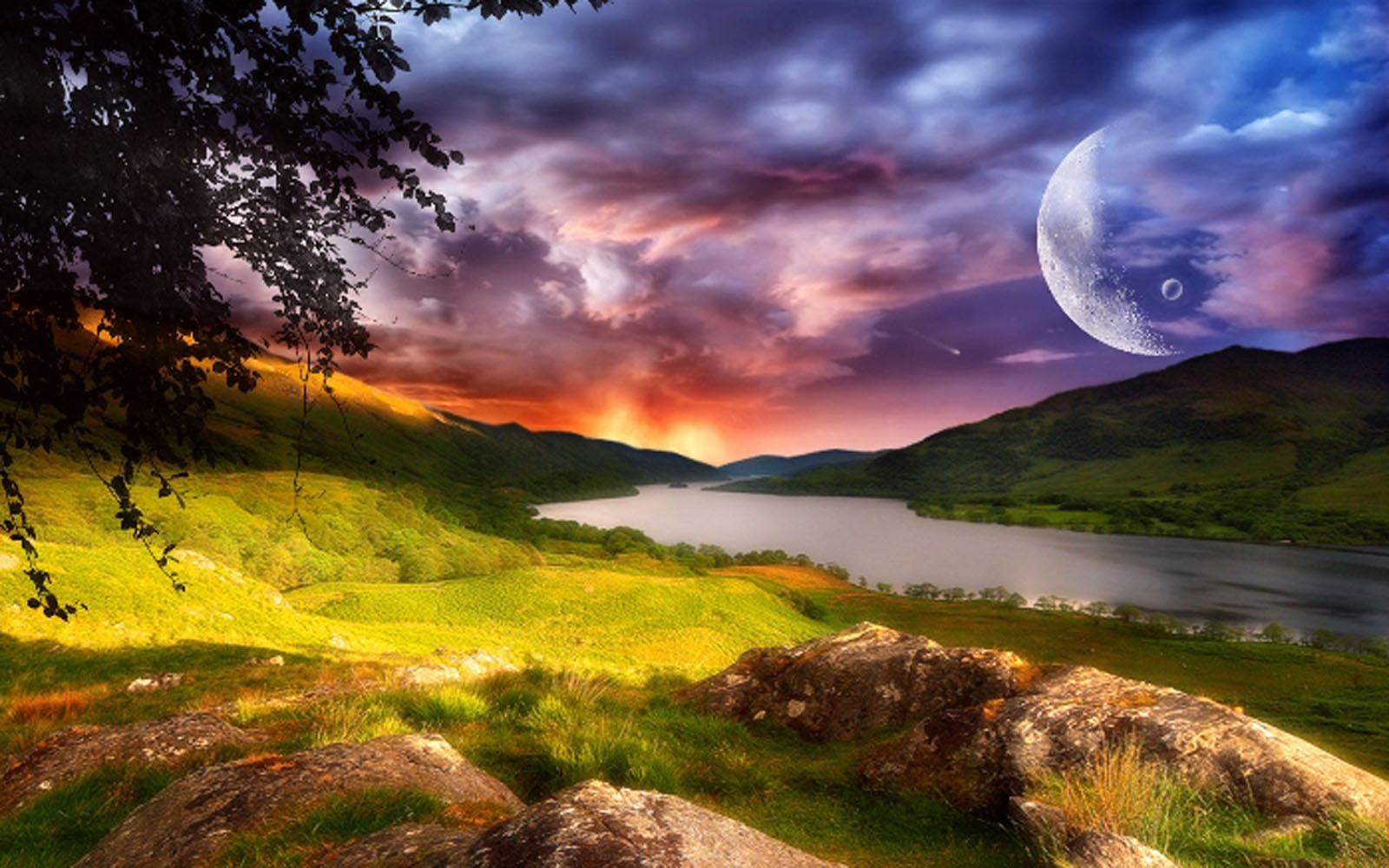 A breathtaking landscape with a serene lake reflecting the vibrant colors of a sunset sky. A crescent moon adds a touch of magic to the scene