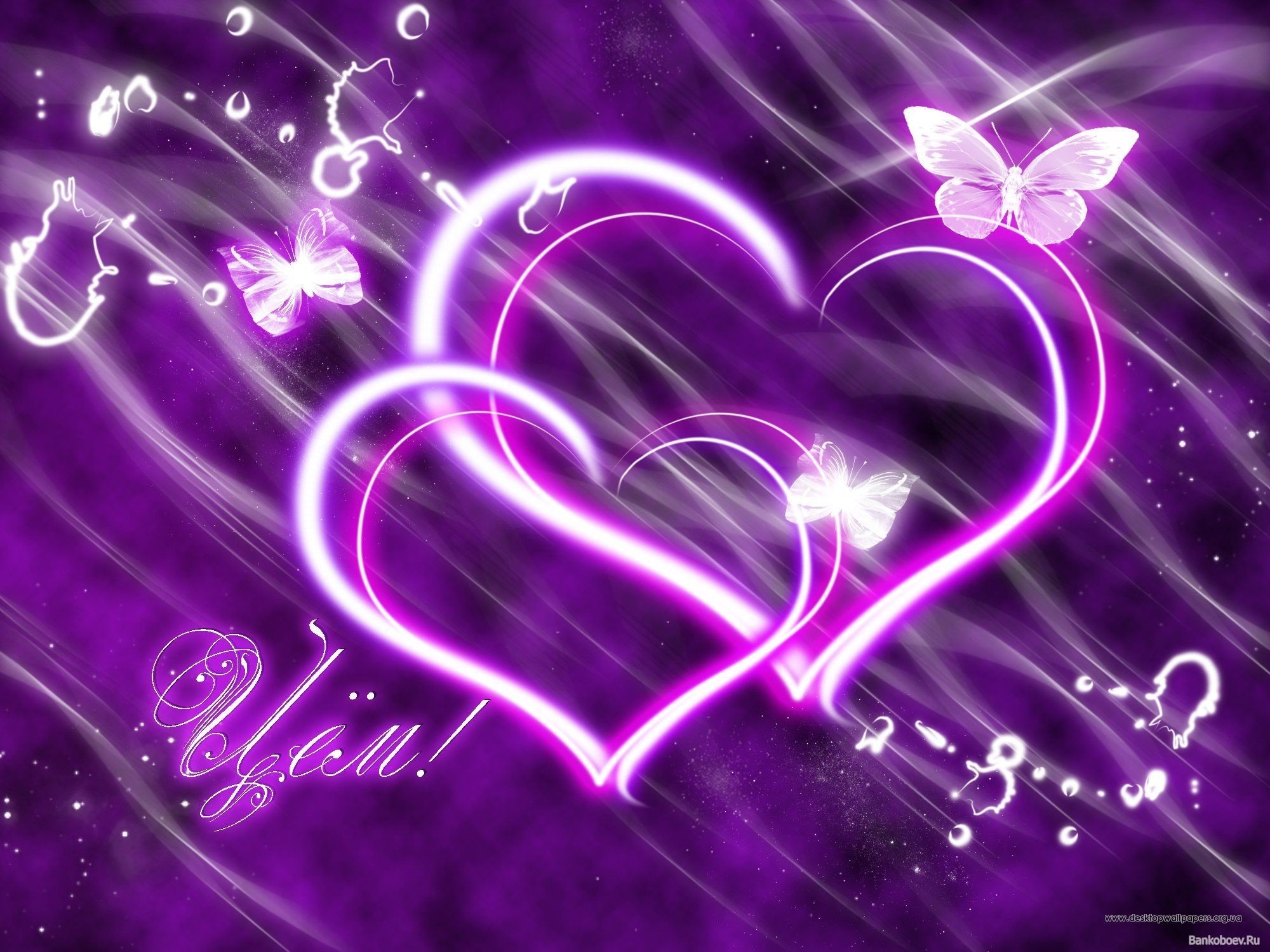 Two glowing purple hearts intertwined on a vibrant purple background, adorned with luminous butterflies, creating a romantic and dreamy atmosphere