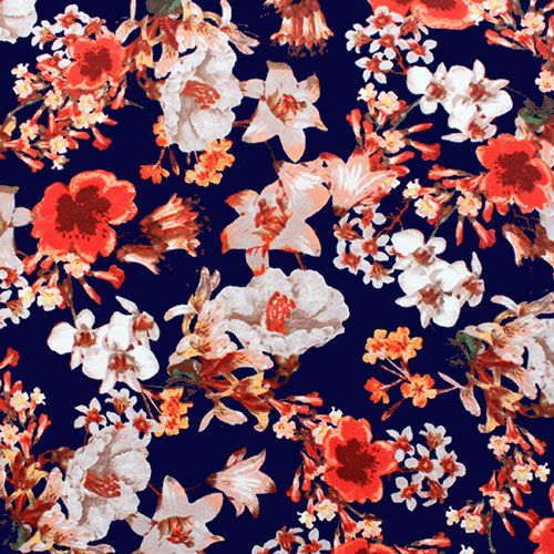Red Pink Floral On Deep Blue Ponte De Roma Knit Fabric Dark Navy