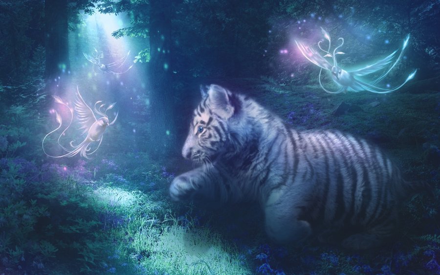 White Tiger Cub and Phoenixes by MariLucia 900x563