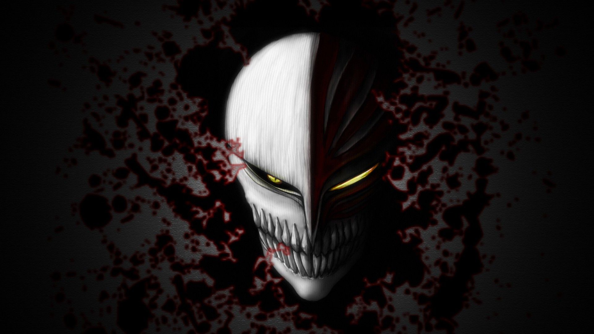 A chilling close-up of a Hollow mask from the anime Bleach, split down the middle with one side white and the other a deep crimson, set against a backdrop of dark red splatters