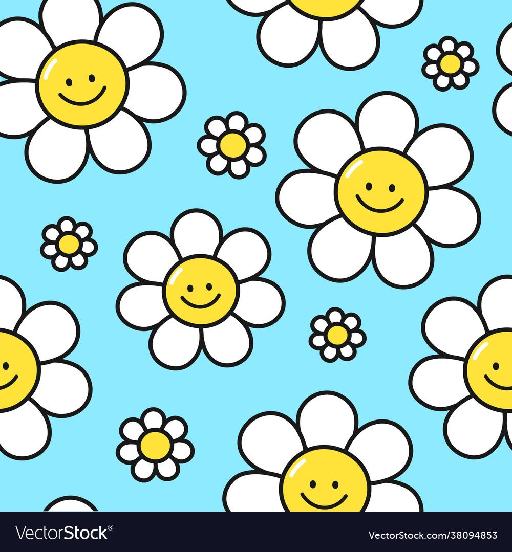 Cute funny smile flowers on blue background Vector Image