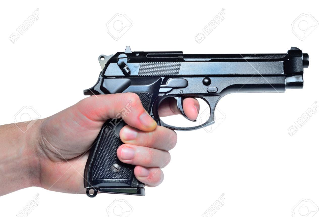 Black Metal 9mm Pistol Gun In Hand On White Background Stock Photo