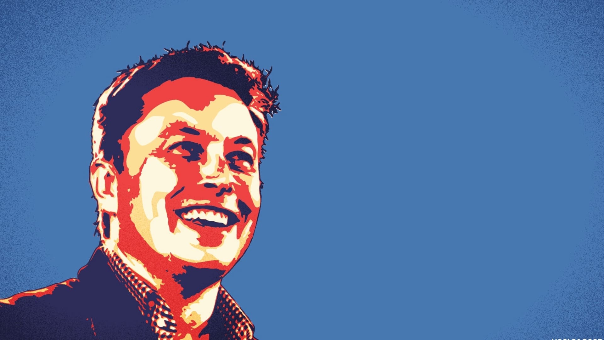 Stylized portrait of Elon Musk with a cheerful expression, set against a vibrant blue backdrop