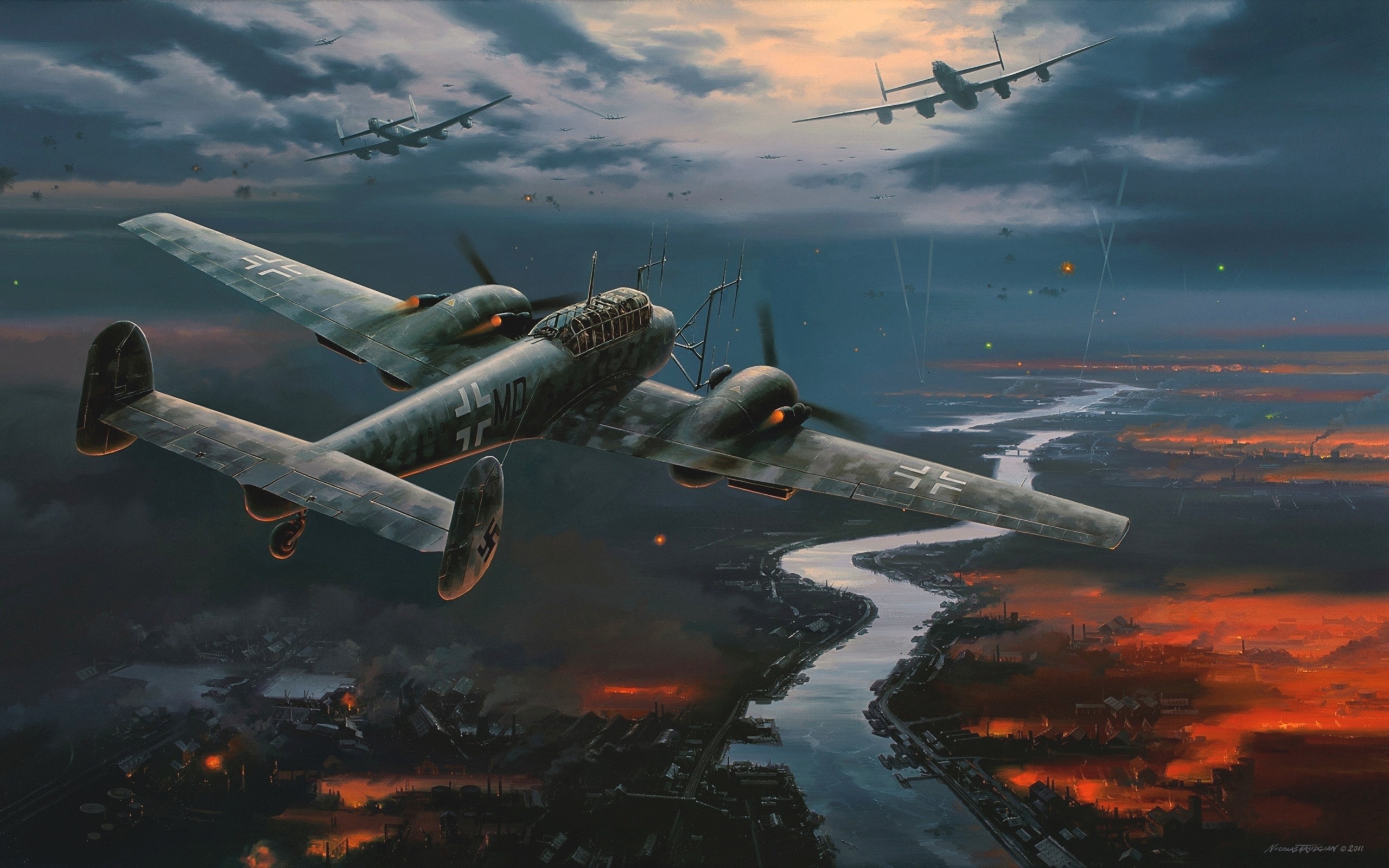 Wallpapers flames paintings aircraft Bomber World War II