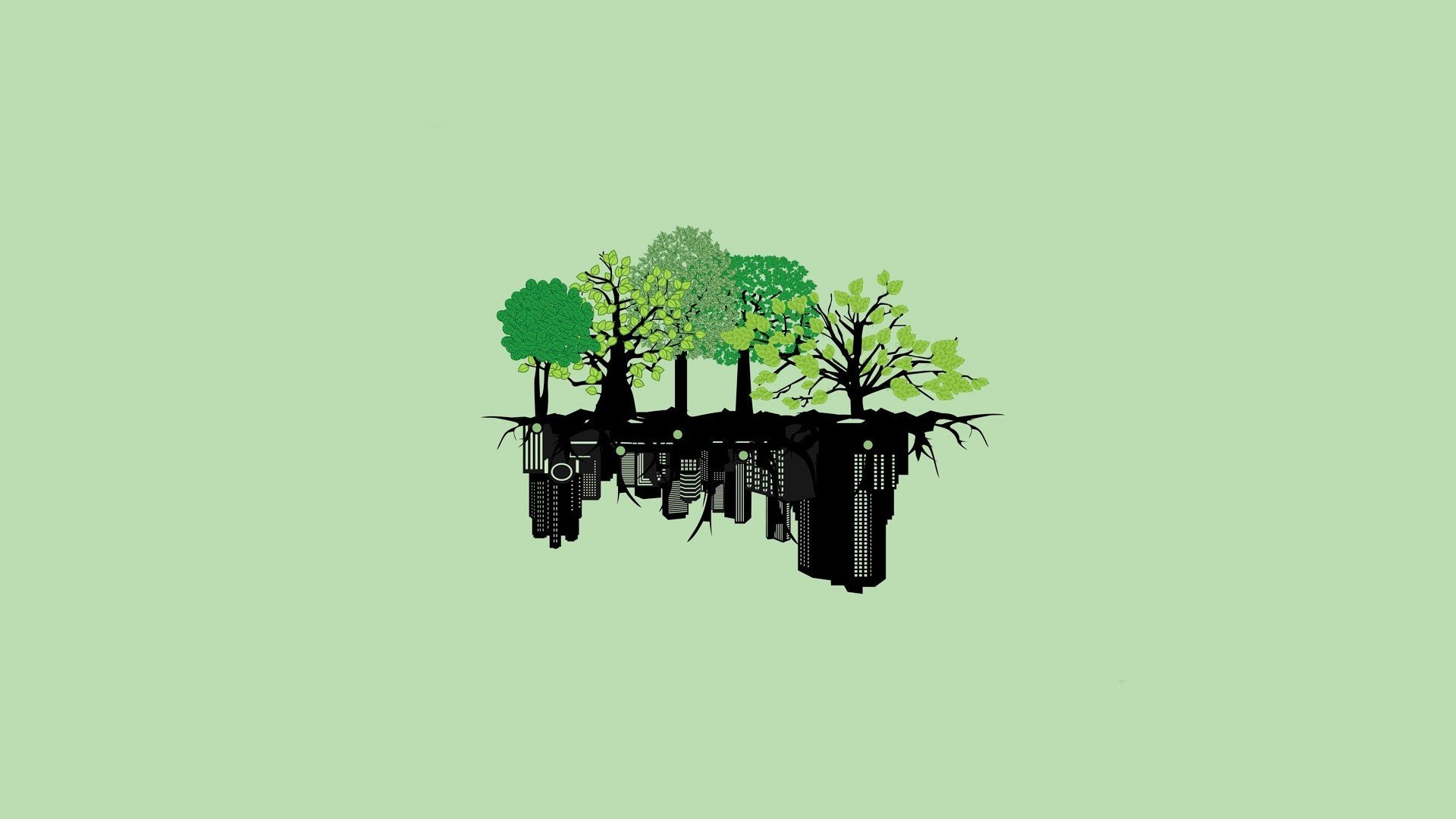 Minimalist wallpaper featuring trees and a city skyline mirrored, symbolizing urban and natural harmony