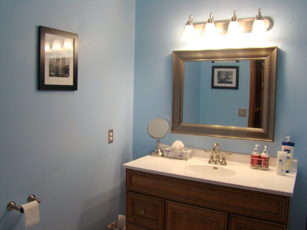 Blue Wall Menards Bathroom Vanity Sets With Small Wallpaper And