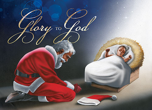 Glory To God Manger Santa And Baby Jesus Christmas Card