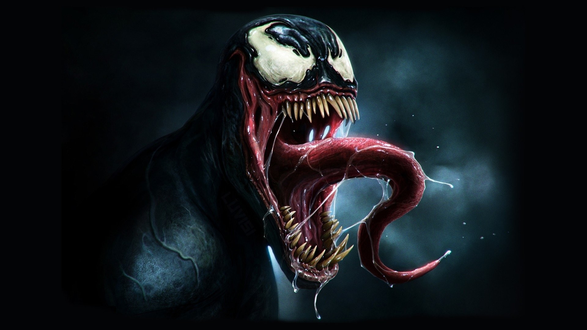 Close-up of Venom's menacing face, showcasing sharp teeth and long tongue, against a dark background