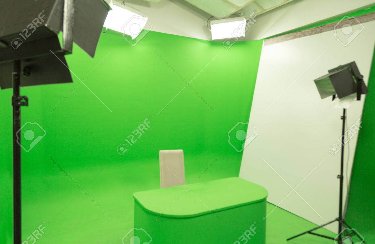 Modern Tv Studio Green Screen Chroma Key Background With Camera
