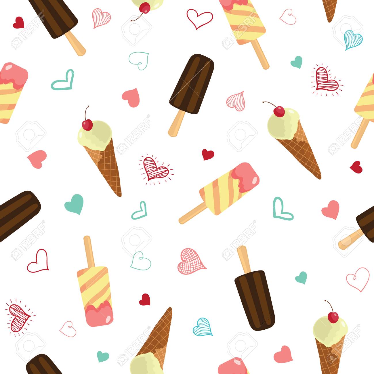 Cute Ice Cream And Hearts Seamless Pattern Great For Yummy Summer