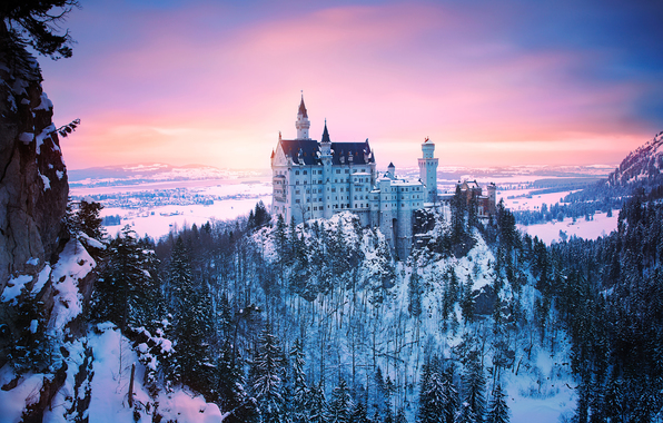 Wallpaper Germany Bavaria Neuschwanstein Castle Winter Snow Light