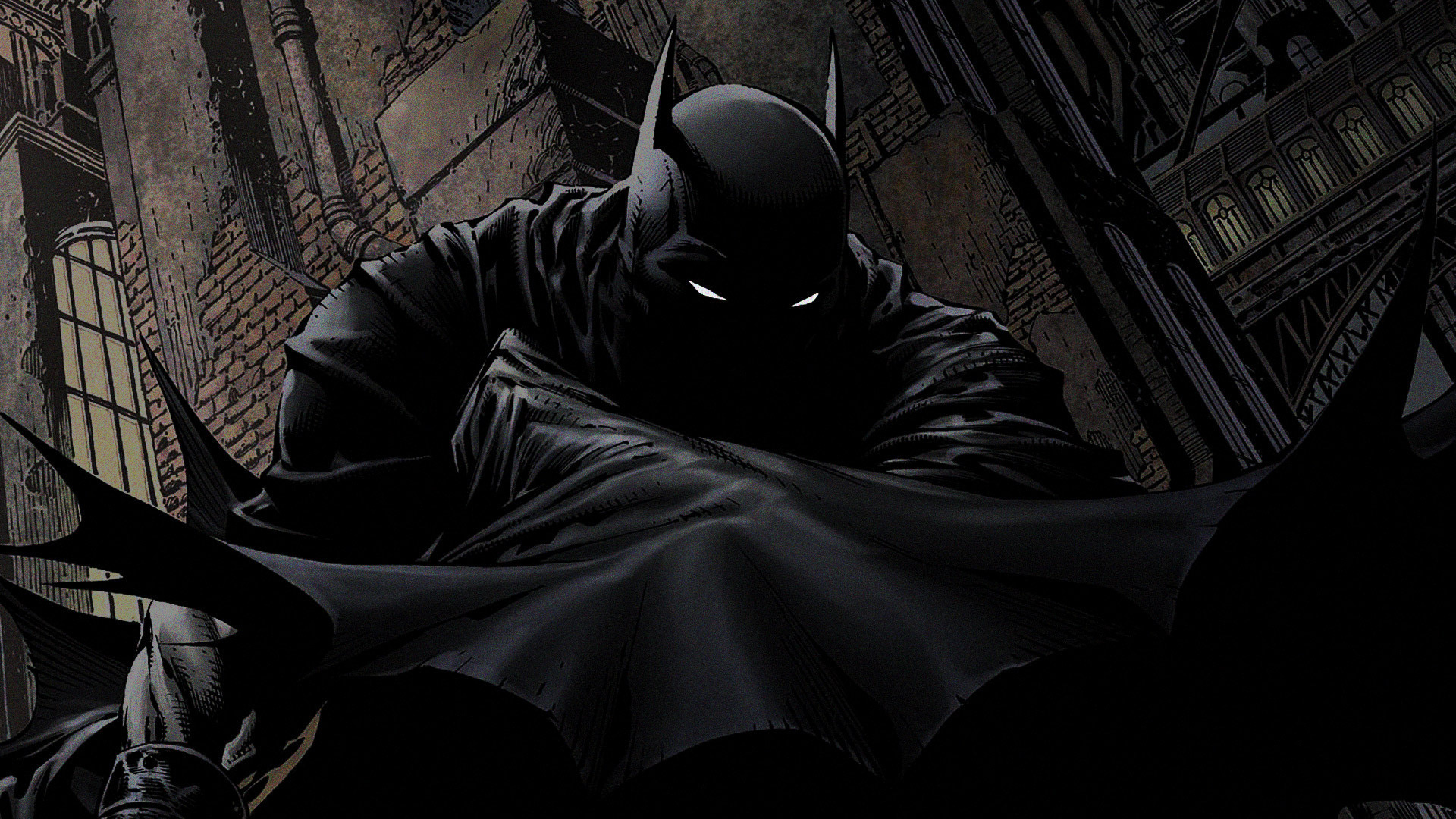 A dramatic close-up of Batman in a dark, gothic cityscape, his cape spread wide