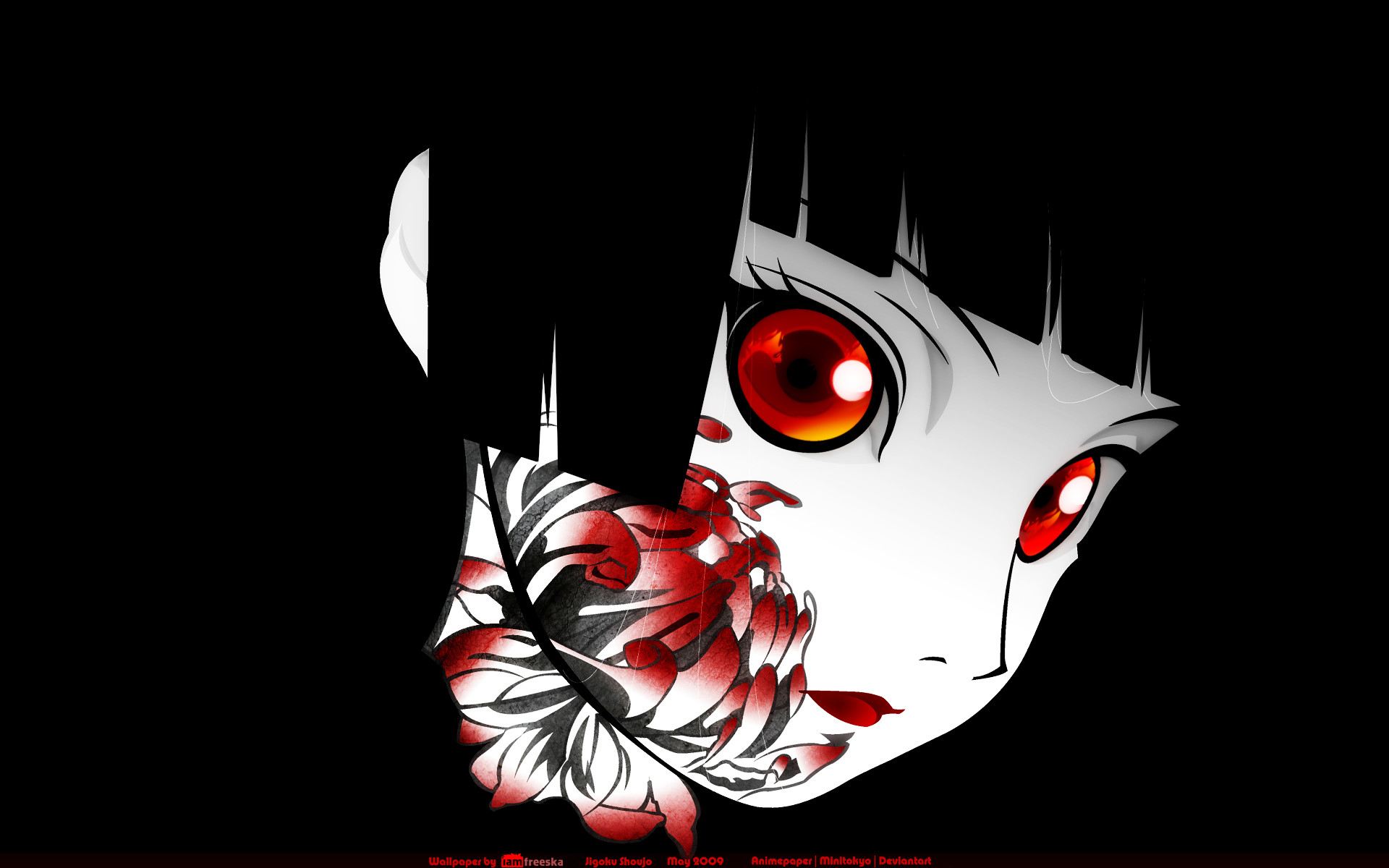 Close-up of an anime girl's face with glowing red eyes and a floral design, against a black background, conveying a dark and mysterious theme