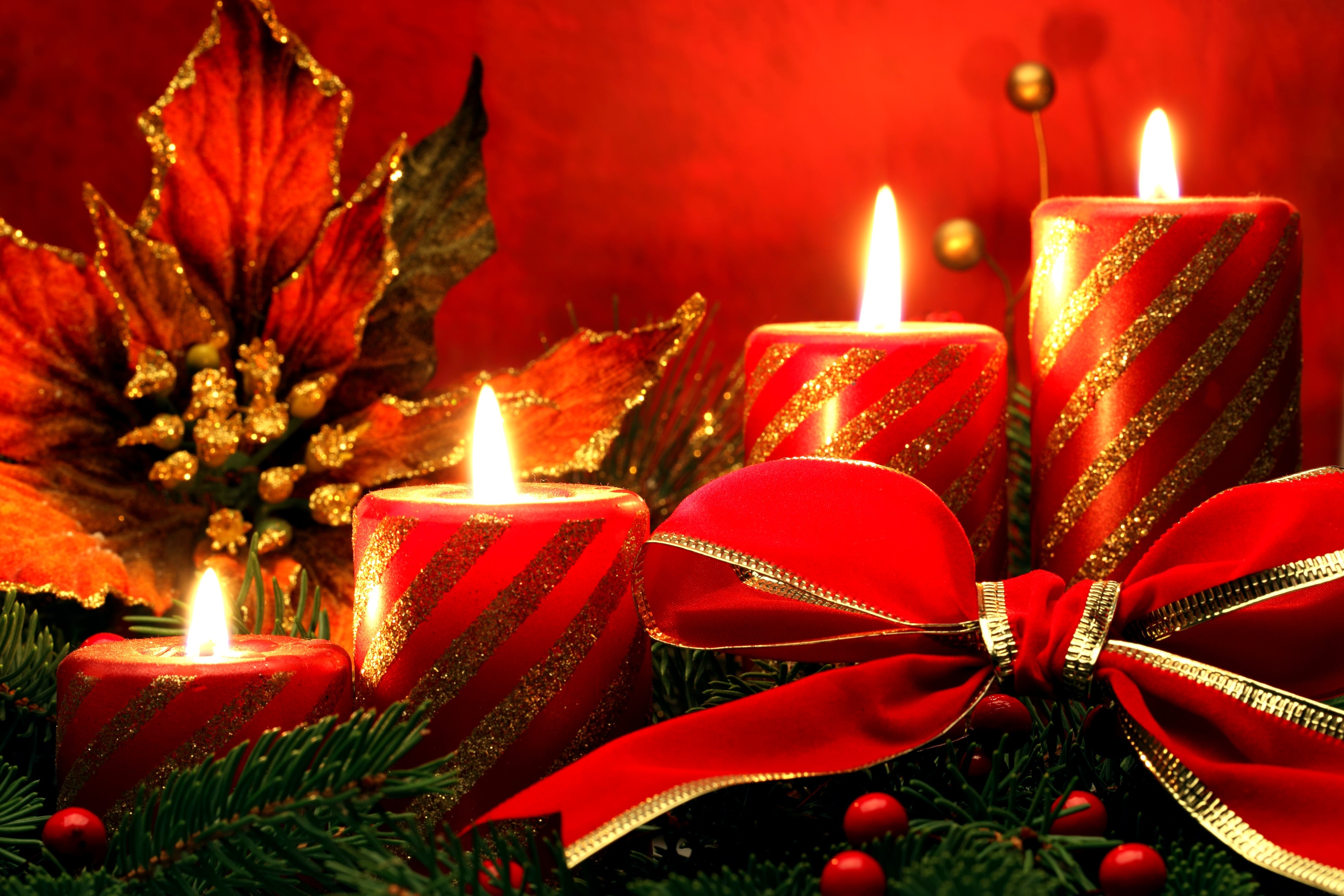 Red and Gold Christmas Candles and Poinsettia