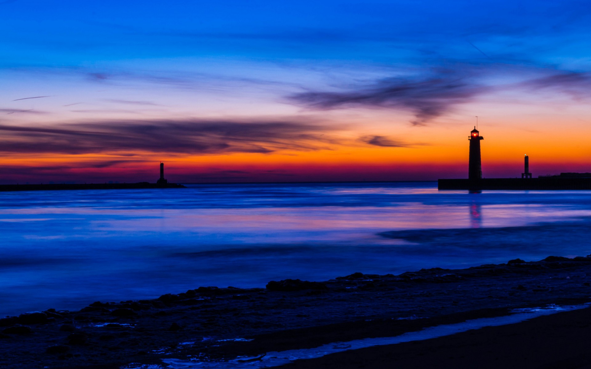 Usa Michigan Lake Beach Lighthouse Night Orange Sunset Blue Sky Clouds