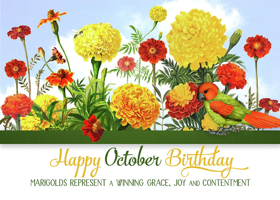 October BirtHDay Marigolds With Bee And Parakeet Digital Art By
