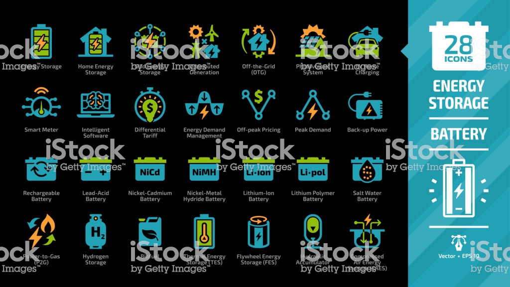 Energy Storage Color Icon Set On A Black Background With