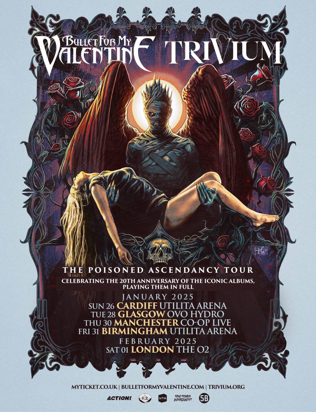 Promotional poster for Bullet for My Valentine and Trivium's The Poisoned Ascendancy Tour in the UK, January-February 2025