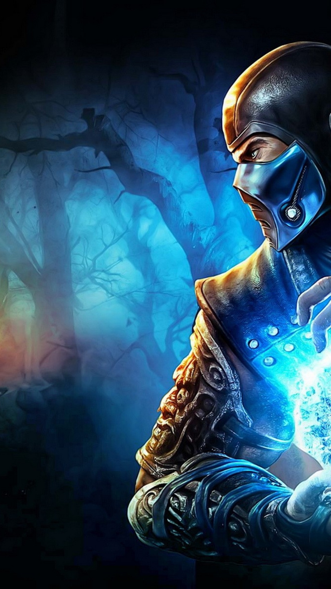 A cool phone wallpaper featuring a warrior from Mortal Kombat, Sub-Zero, harnessing ice powers in a dark, mystical forest