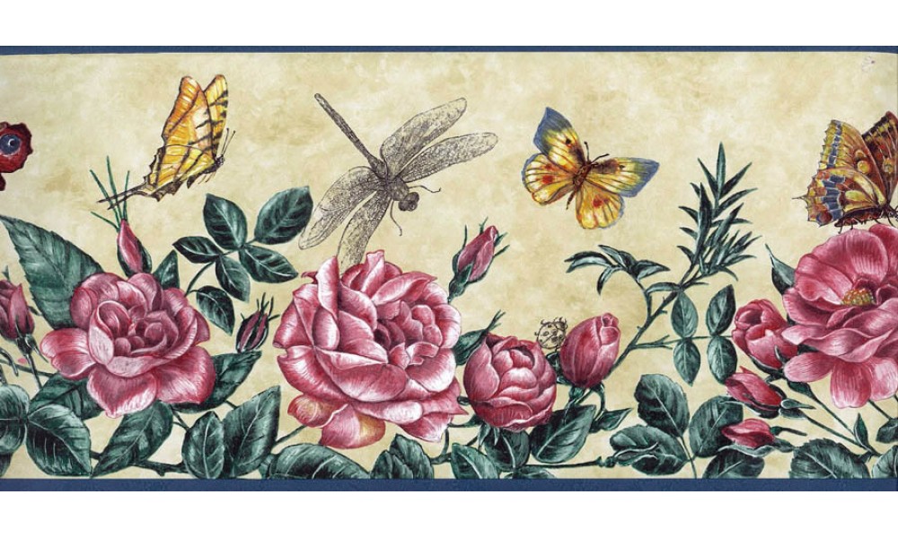 Home Dragonfly Red Roses Wallpaper Border