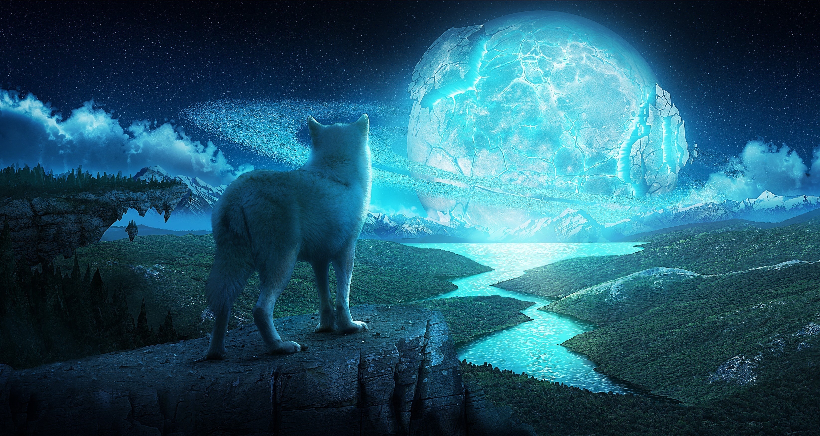 Night Pla Fantasy Landscape Wolves Wallpaper Background