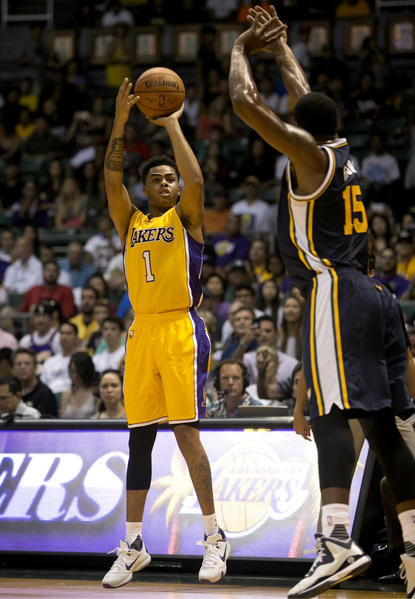 Lakers Guard D Angelo Russell Attempts A Shot Over Jazz Forward