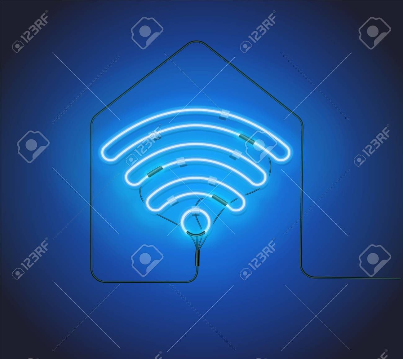 Neon Sign Retro Blue Wifi Hotspot On House Silhouette